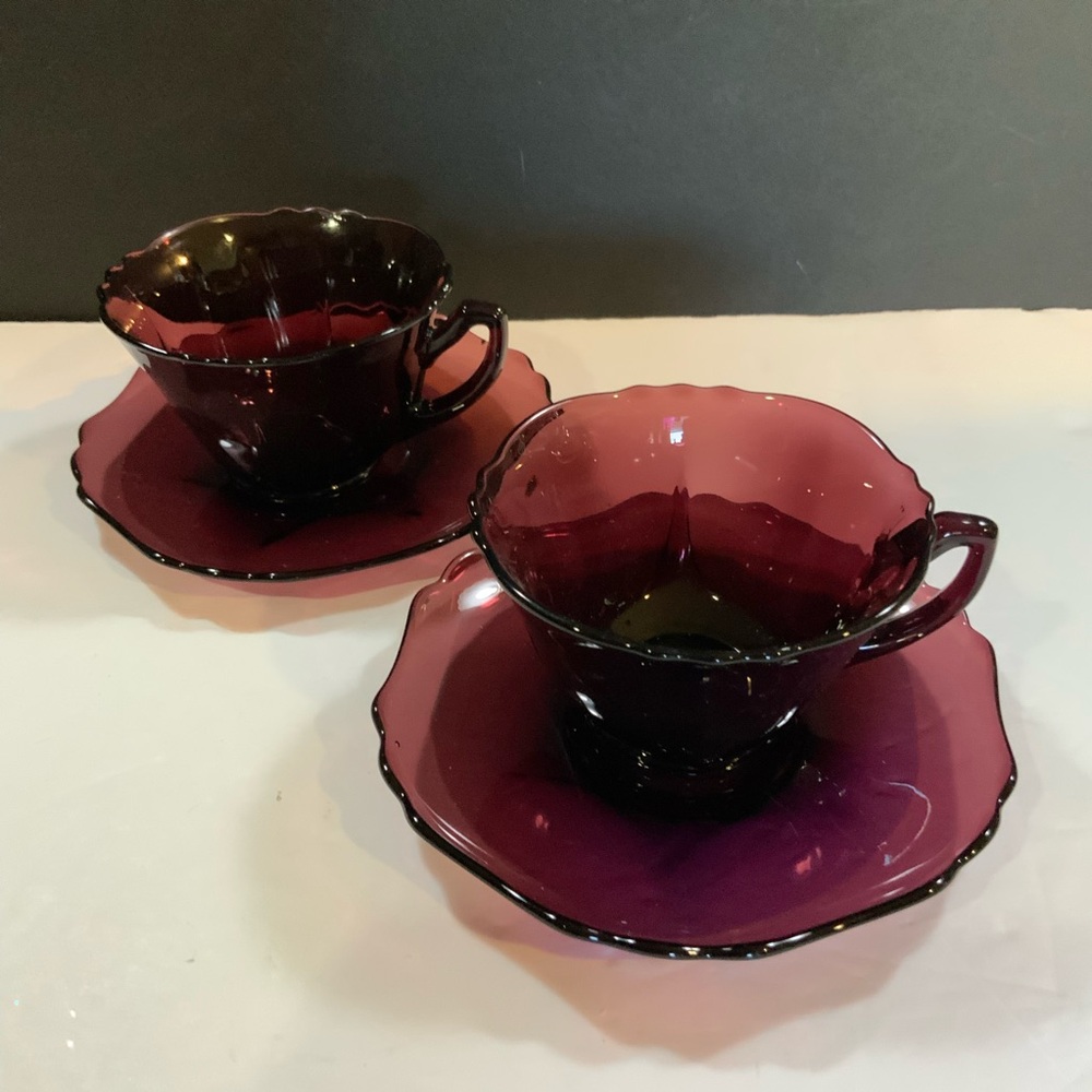 Vintage Cambridge Cup and Saucer Purple Amethyst 2 sets Glass #53